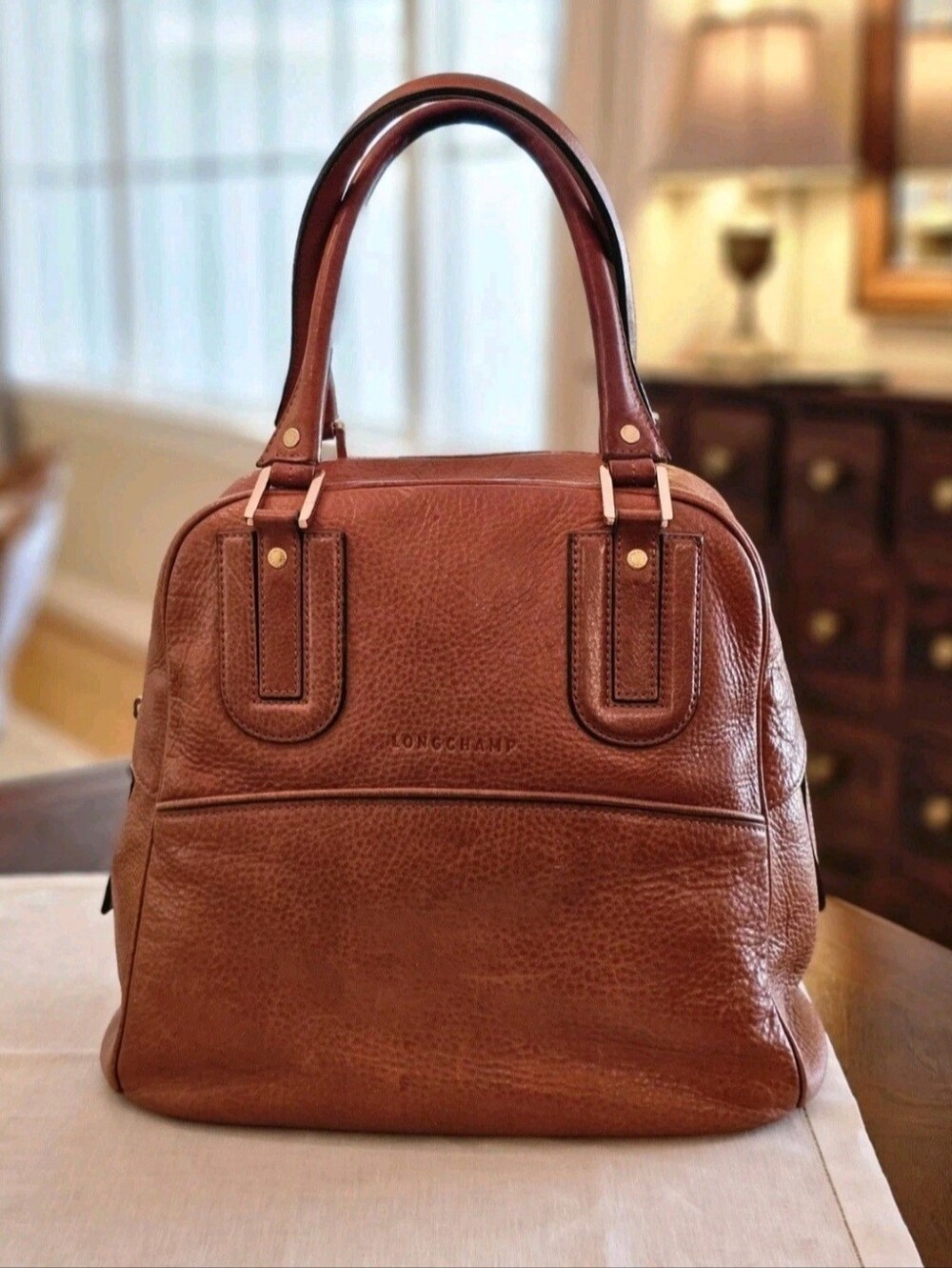 Longchamp Cosmos Large Brown Pebble Leather Tote Satchel Zip Closure Gold France - Picture 16 of 16
